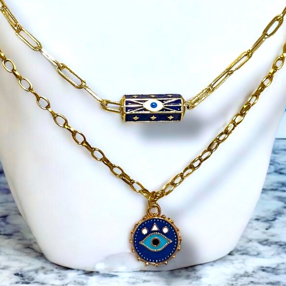 Gold toned and Blue Evil Eye Necklace Set Layer or wear alone - Picture 1 of 16